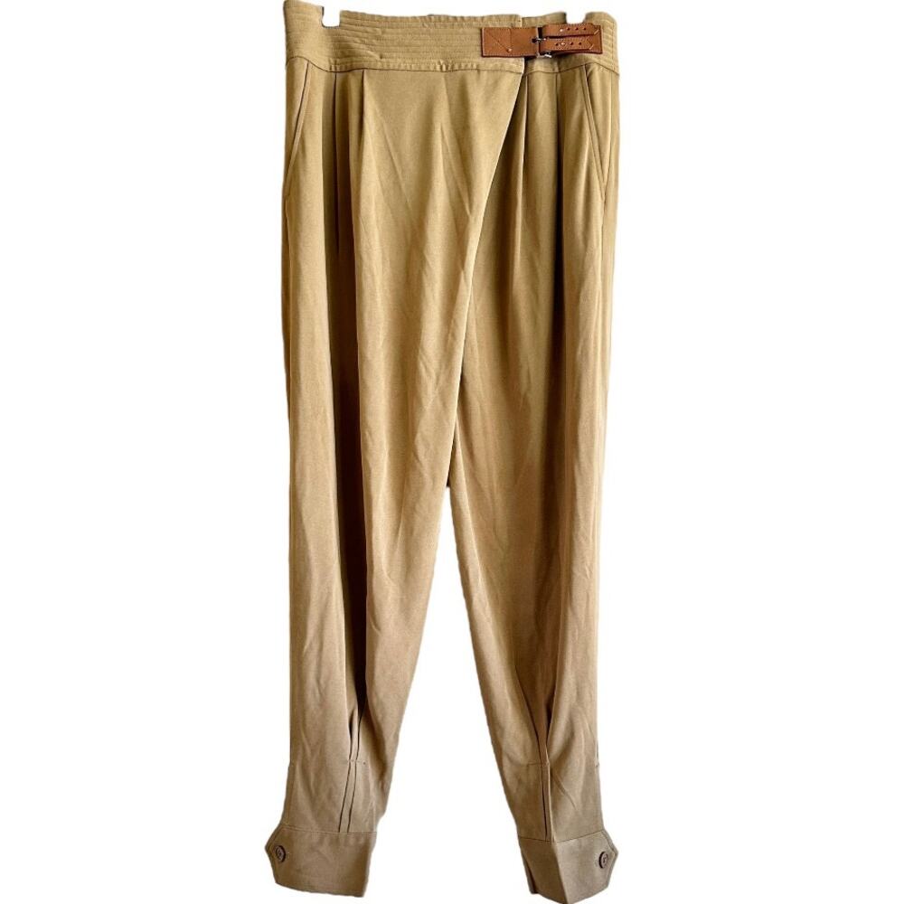 Ralph Lauren Trouser Pants Leather Belt Detail Cuff Hem Pocket Viscose Khaki 8 - Picture 2 of 6